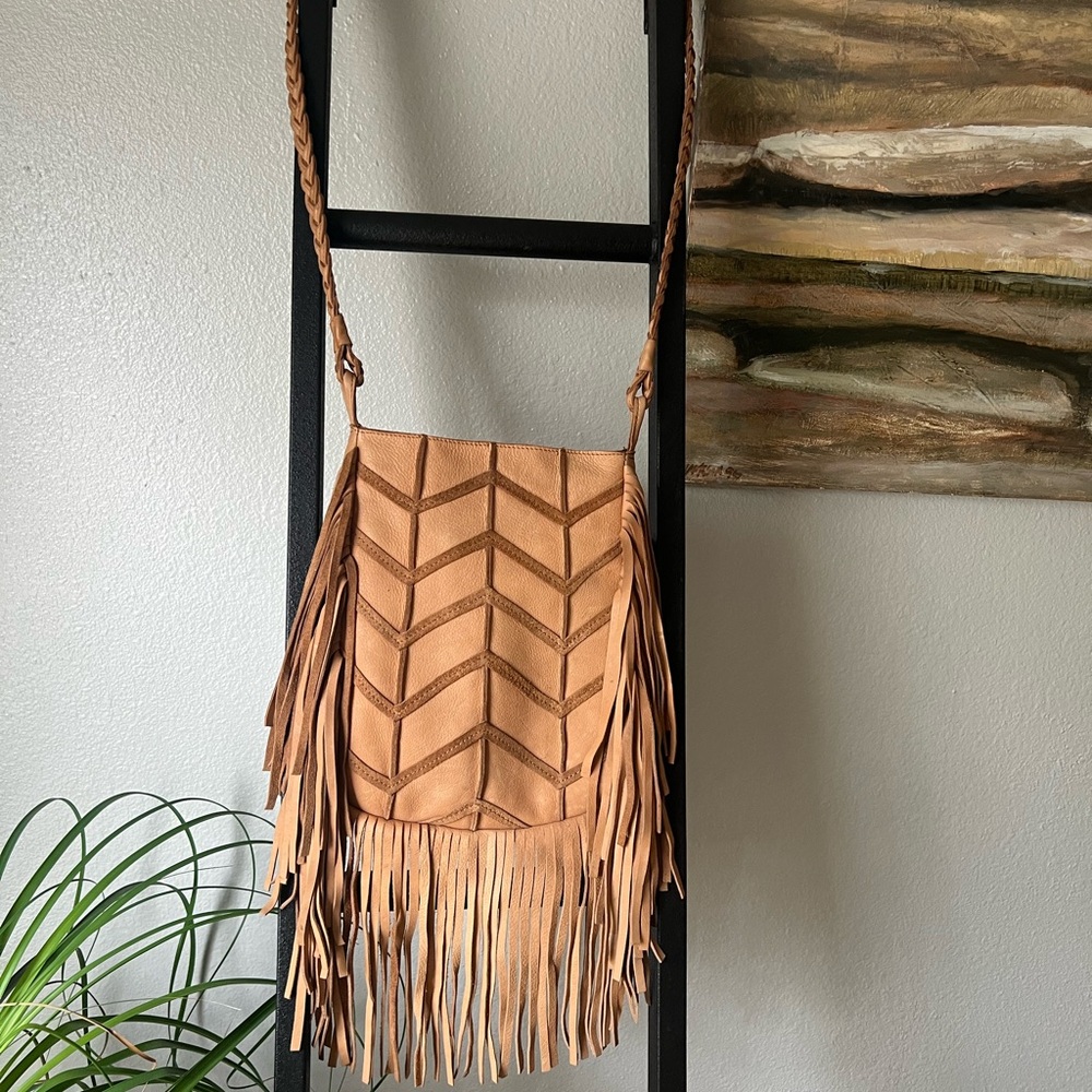 Tan Fringe Crossbody Bag with Chevron Pattern